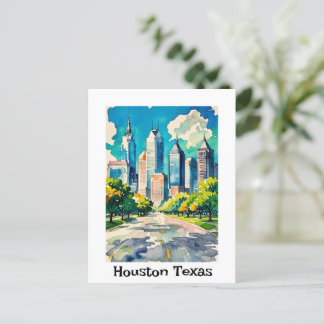 Houston Skyline water coloured Postcard