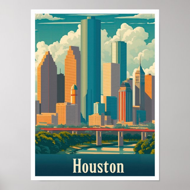 Houston Texas Art Vintage Travel Illustration Poster (Front)