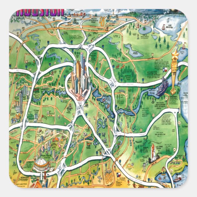 Houston Texas Cartoon Map Square Sticker (Front)