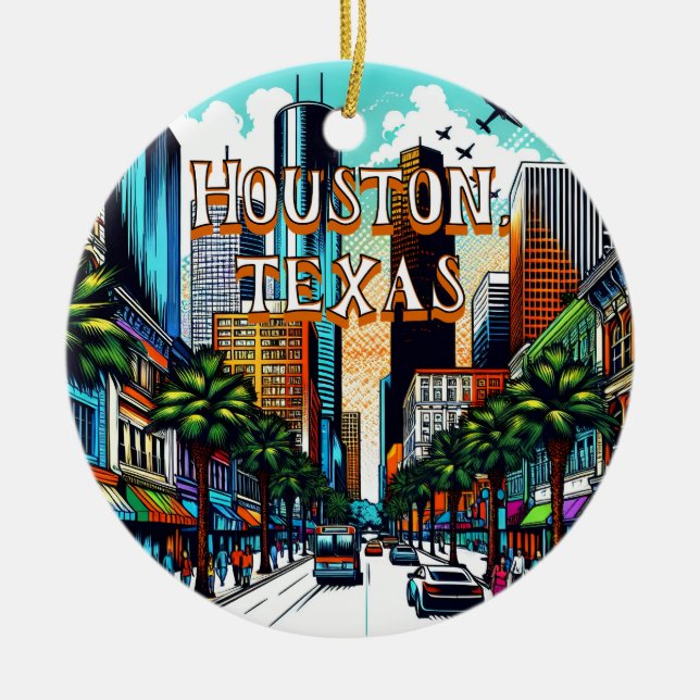 Houston, Texas Downtown City View Abstract Art Ceramic Ornament (Front)