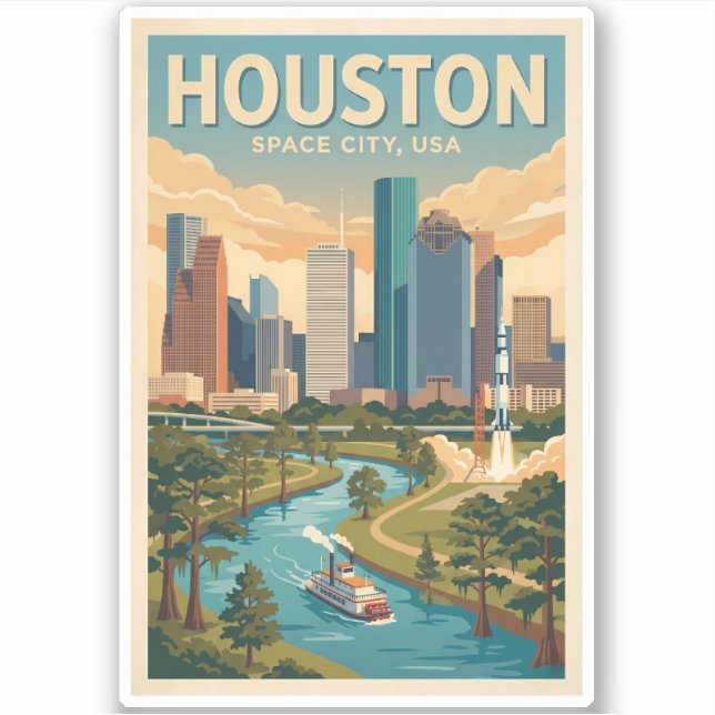 Houston Texas Illustration Travel Art Vintage (Front)