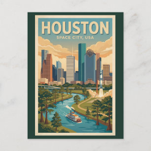 Houston Texas Illustration Travel Art Vintage Postcard