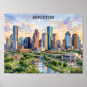 Houston Texas Retro Watercolor Artwork Poster