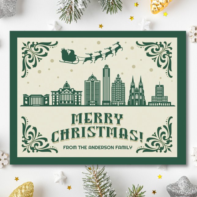 Houston, TX Skyline Christmas Holiday Carte postal (Houston, TX skyline christmas card green modern merry christmas postcard with custom details)