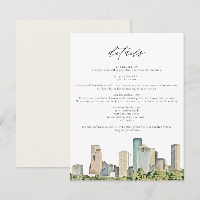 HOUSTON Watercolor Skyline Travel Details Card (Front/Back)