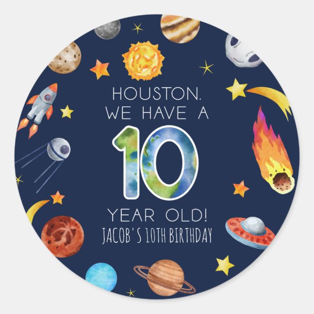 Houston We Have A 10 Year Old 10th Birthday Party Classic Round Sticker (Front)