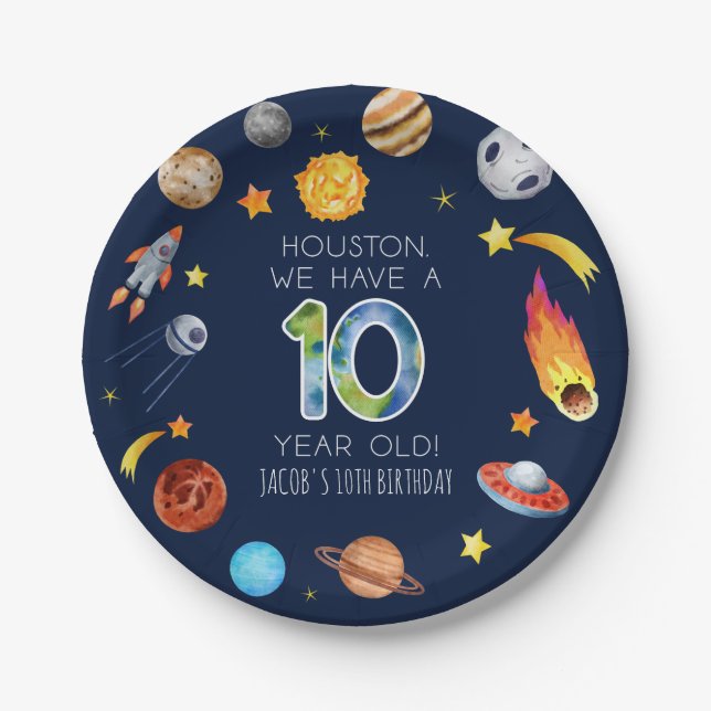 Houston We Have A 10 Year Old 10th Birthday Party Paper Plate (Front)