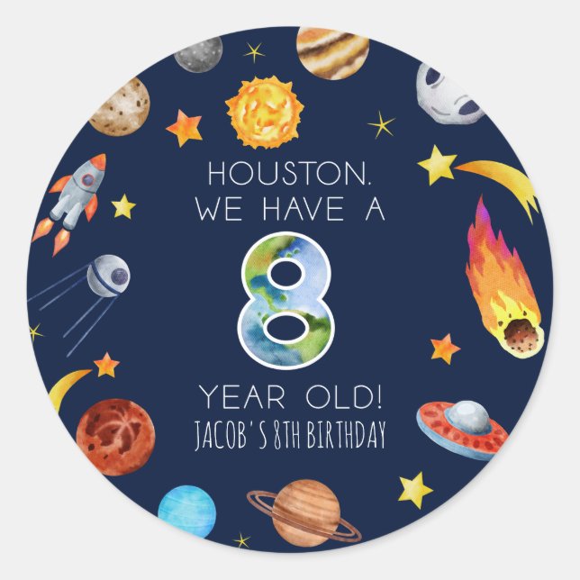 Houston We Have A 8 Year Old 8th Birthday Party Classic Round Sticker (Front)