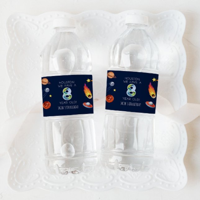 Houston We Have A 8 Year Old 8th Birthday Party Water Bottle Label (Creator Uploaded)