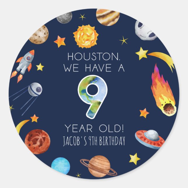 Houston We Have A 9 Year Old 9th Birthday Party Classic Round Sticker (Front)