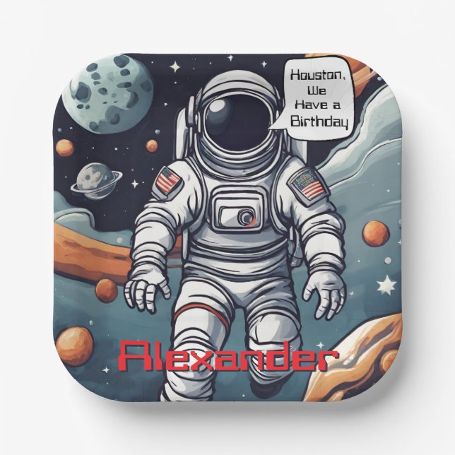 Houston, We Have A Birthday! Astronaut Paper Plate (Front)