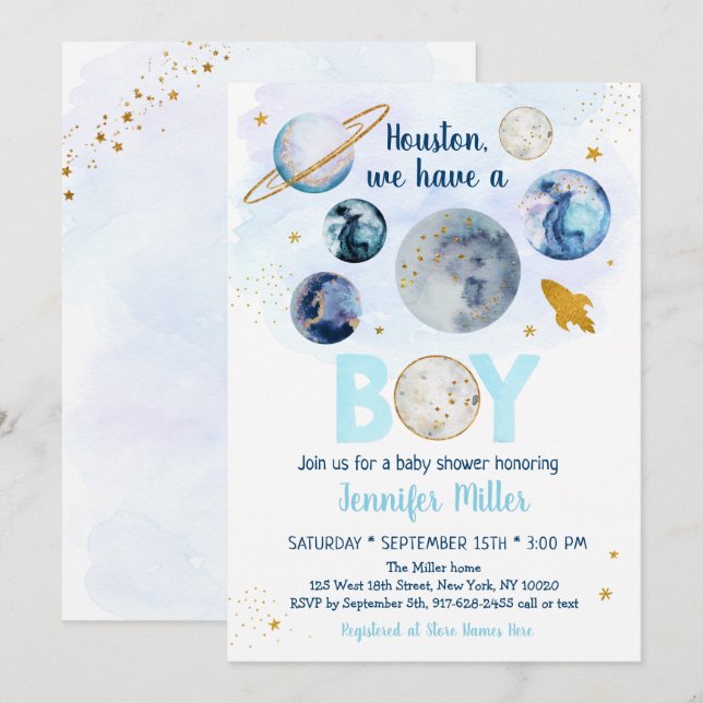 Houston We Have A Boy Blue Gold Galaxy Baby Shower Invitation (Front/Back)