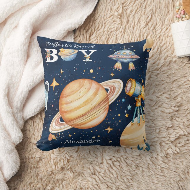 Houston We Have A Boy Outer Space Throw Pillow (Blanket)