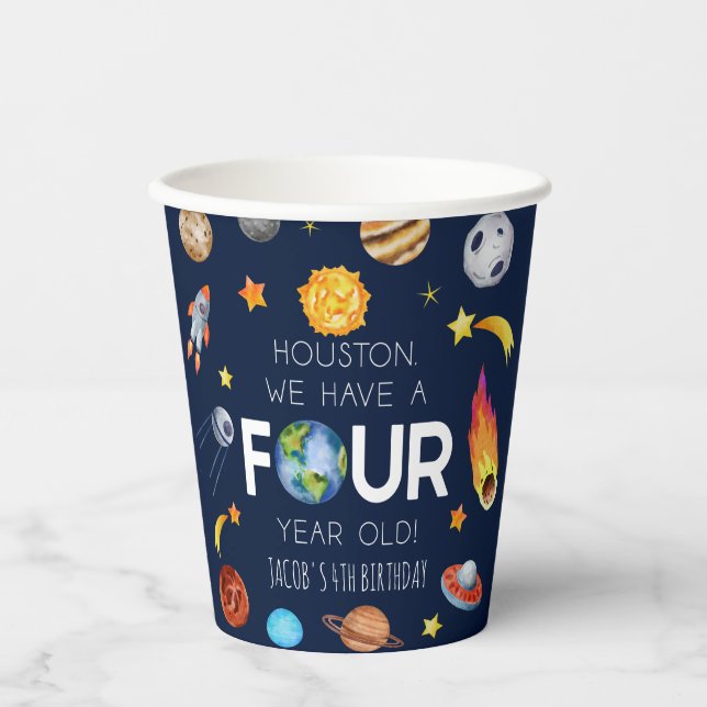 Houston We Have A Four Year Old 4th Birthday Party Paper Cups (Front)