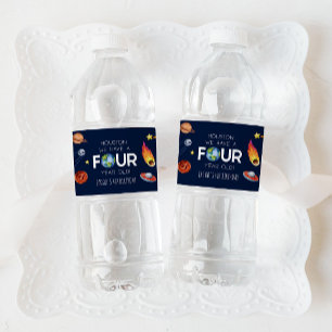 Houston We Have A Four Year Old 4th Birthday Party Water Bottle Label