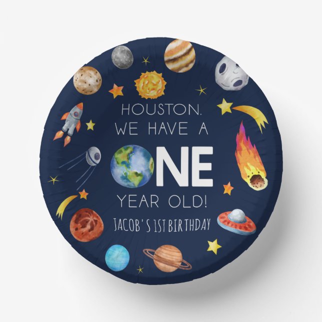 Houston We Have A One Year Old 1st Birthday Party Paper Plate (Front)