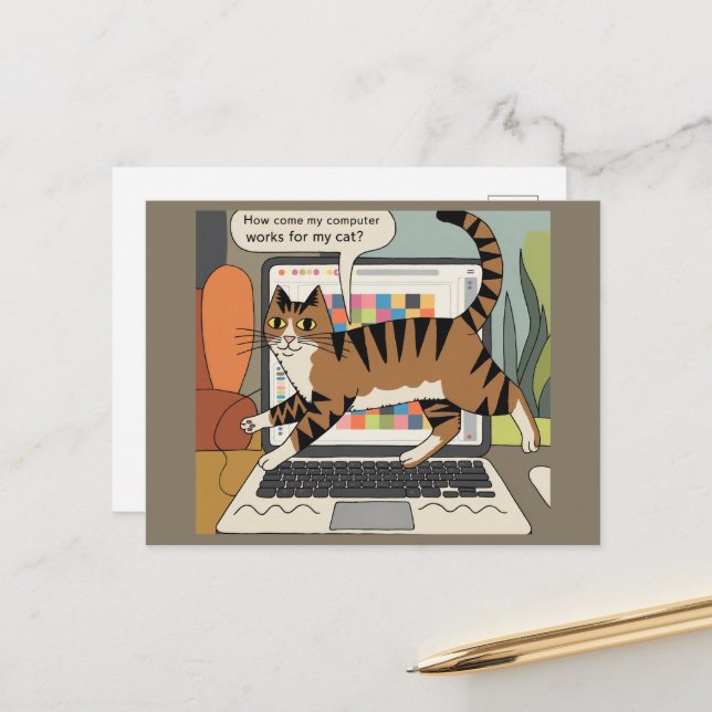 How Come My Computer Works For Cat Funny Cartoon Postcard (Front/Back In Situ)