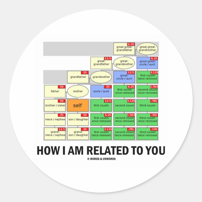 How I Am Related To You (Cousin Tree Genetic Kin) Classic Round Sticker (Front)