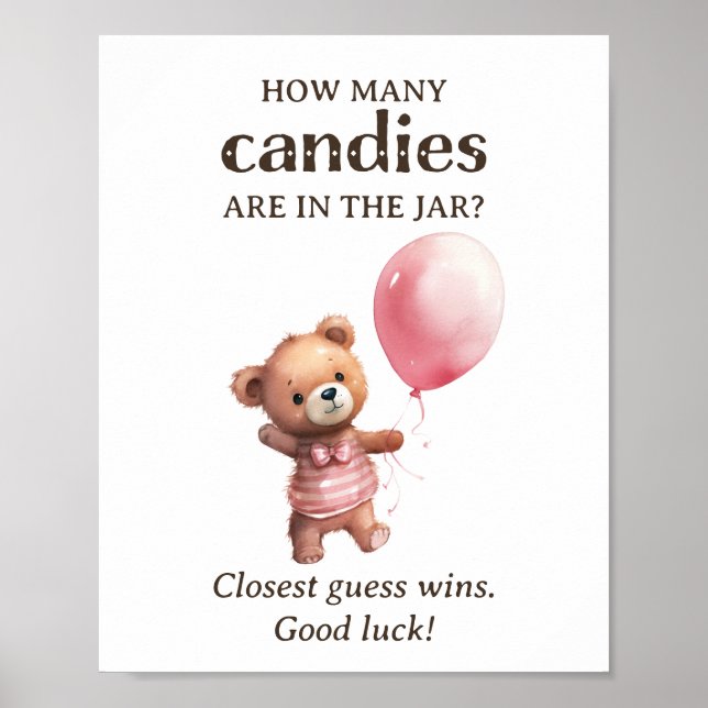 How Many Candies Teddy Bear Girl Baby Shower Poster (Front)