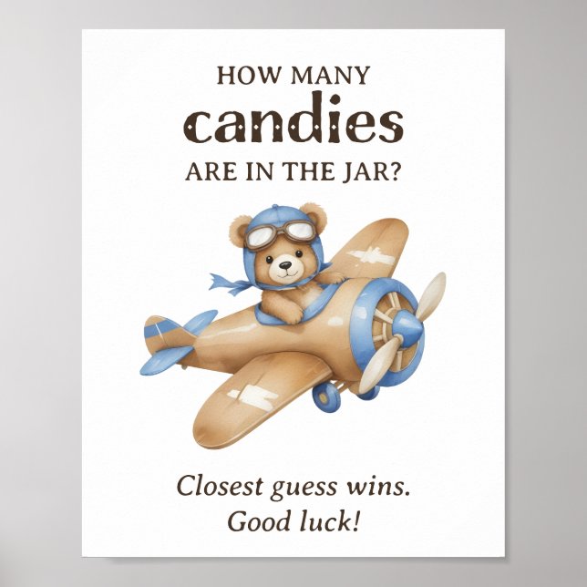 How Many Candies Teddy Bear Pilot Baby Boy Shower Poster (Front)