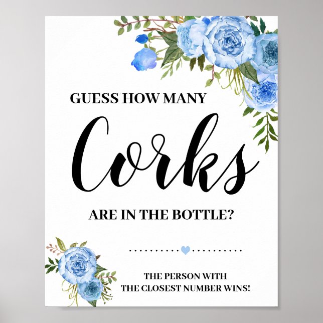How many Corks Bridal Shower Blue Floral game sign (Front)