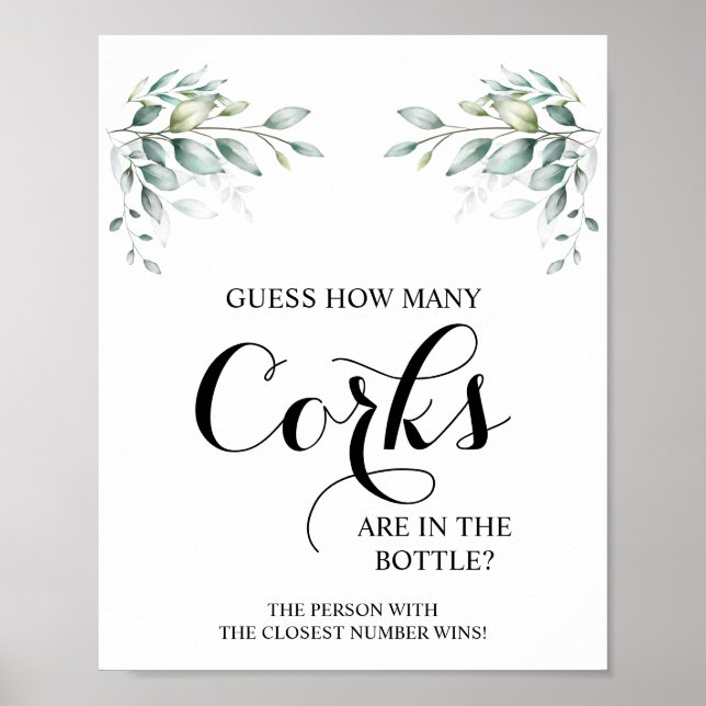 How Many Corks Eucalyptus Bridal Shower Game Sign (Front)