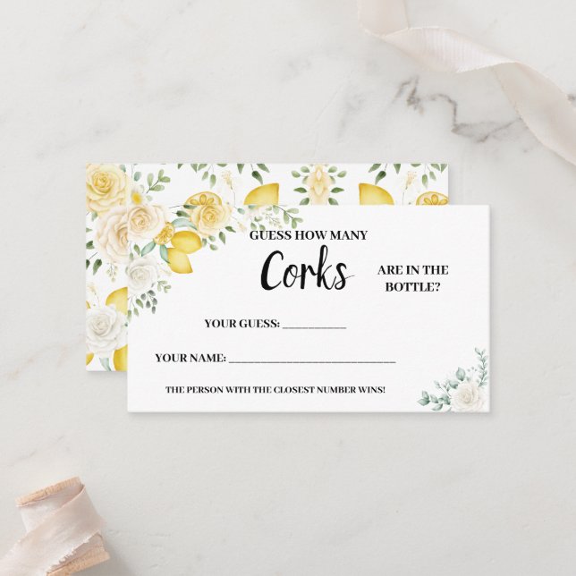 How Many Corks Lemons & Roses Bridal Shower Game P Place Card (Front/Back In Situ)