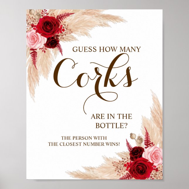 How Many Corks Pampas Bridal Shower Game Sign (Front)