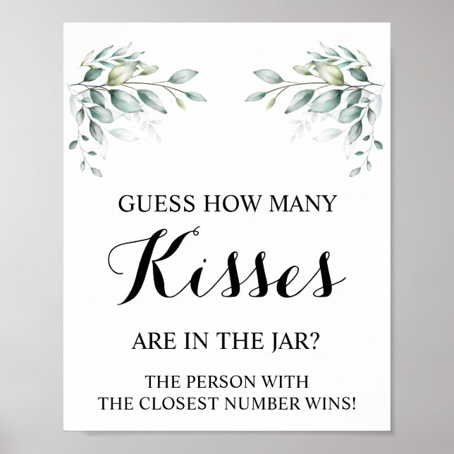 How Many Kisses Eucalyptus Bridal Shower Game Sign (Front)