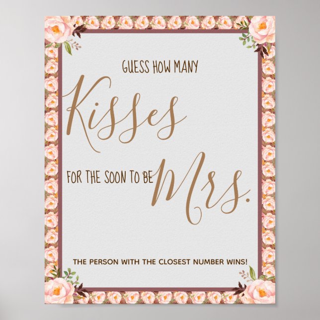 How Many Kisses for Mrs Pink Shower Game Sign (Front)