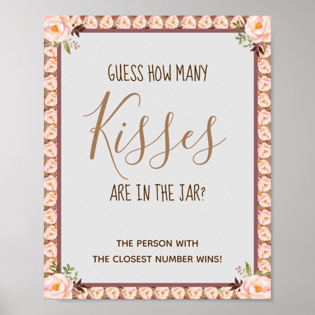 How Many Kisses Pink Bridal Shower Game Sign (Front)
