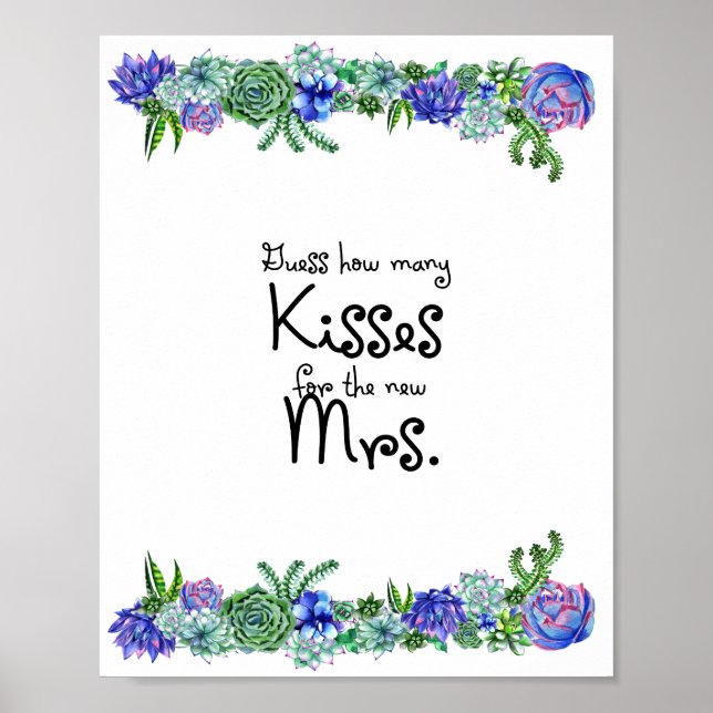 How Many Kisses Succulent Bridal Shower Game Poster (Front)