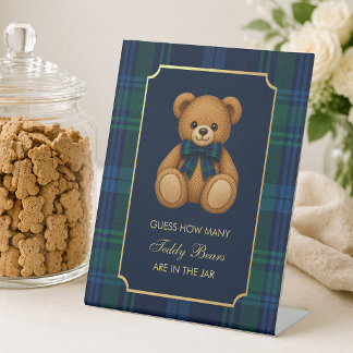 How Many Teddy Bears Baby Shower Blue Green Plaid  Pedestal Sign