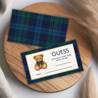 How Many Teddy Bears Blue Plaid Baby Shower Game  Business Card