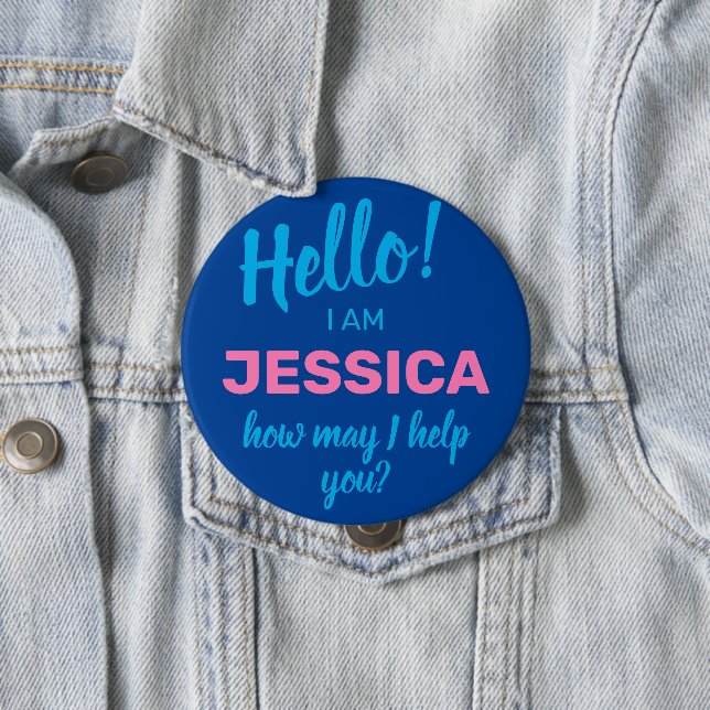 How May I Help You Blue Friendly Business Name 4 Inch Round Button (In Situ)