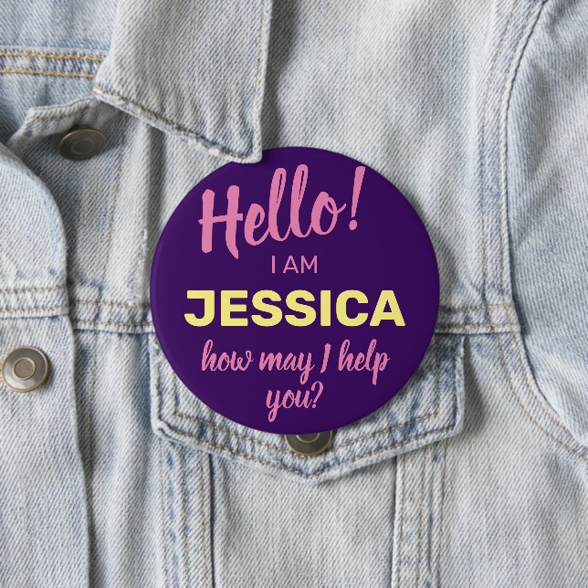 How May I Help You Purple Friendly Business Name 4 Inch Round Button (In Situ)