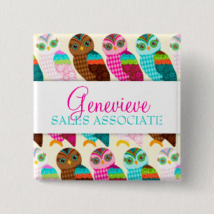 How Now Little Owl? Name Badge 2 Inch Square Button