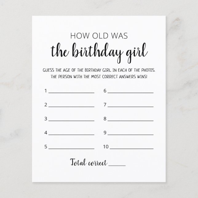 How old was Birthday girl Birthday Party game (Front)