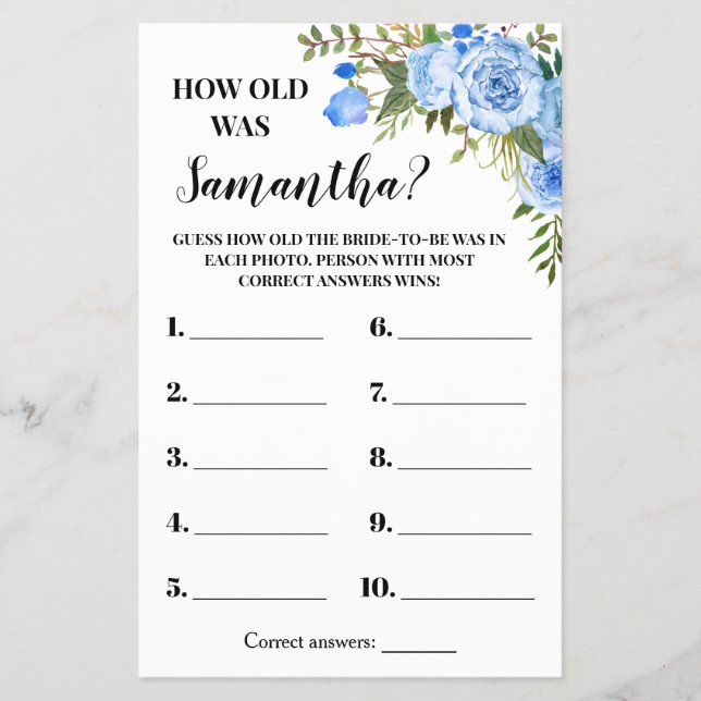 How old was Bride Bridal Shower Blue Game Card (Front)