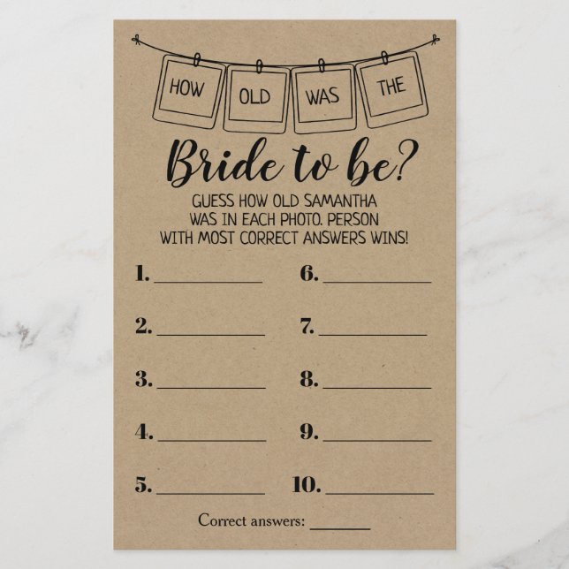 How old Was Bride to Be Rustic Shower Game Flyer (Front)