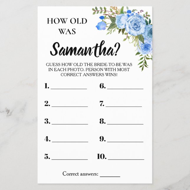 How old was She Bridal Shower bilingual game card (Front)