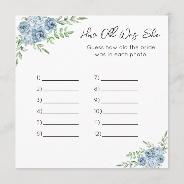 How Old Was She - Bridal Shower Game - Blue Floral Program (Front)