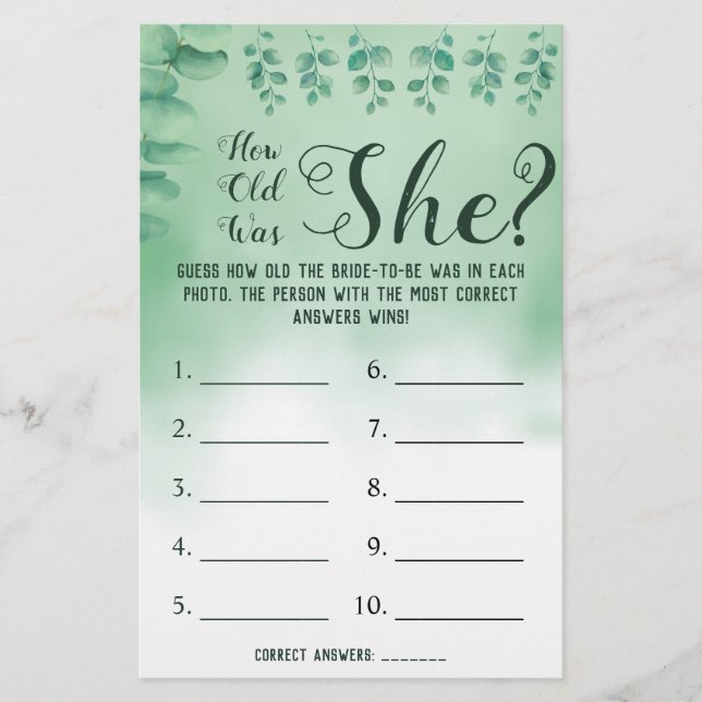 How old was She? Greenery Eucalyptus Game Card (Front)