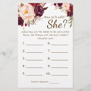 How old was She? Marsala Flowers Game Card