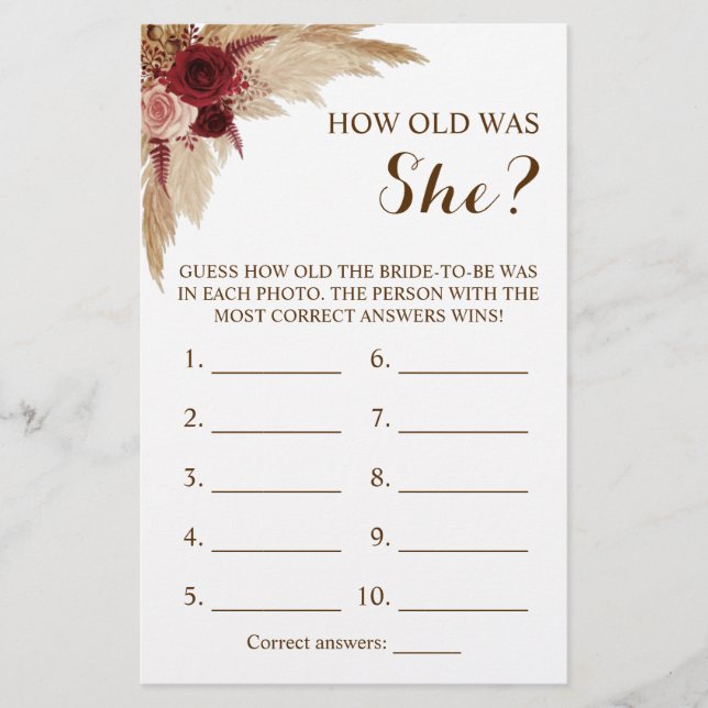 How old was She? Pampas Grass Game Card (Front)