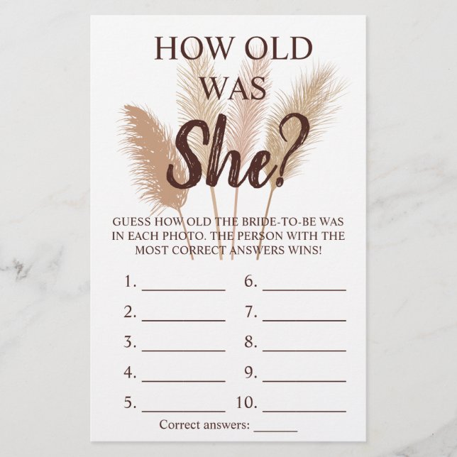 How old was She? Pampas Grass Shower Game Card (Front)