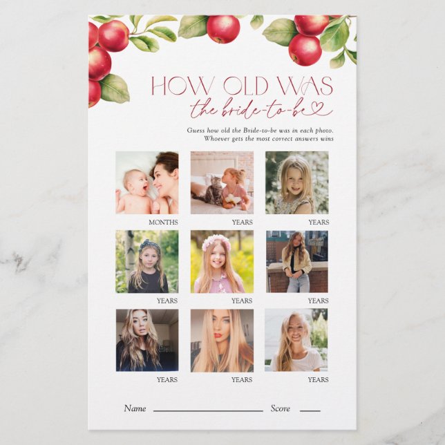 How Old Was The Bride Apple Bridal Shower Game (Front)