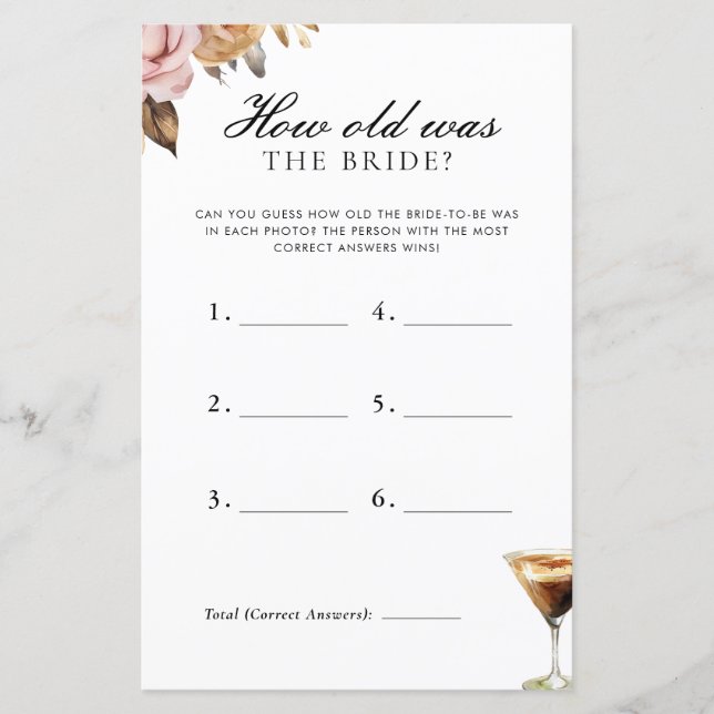 How Old Was The Bride Espresso Bridal Shower Game (Front)