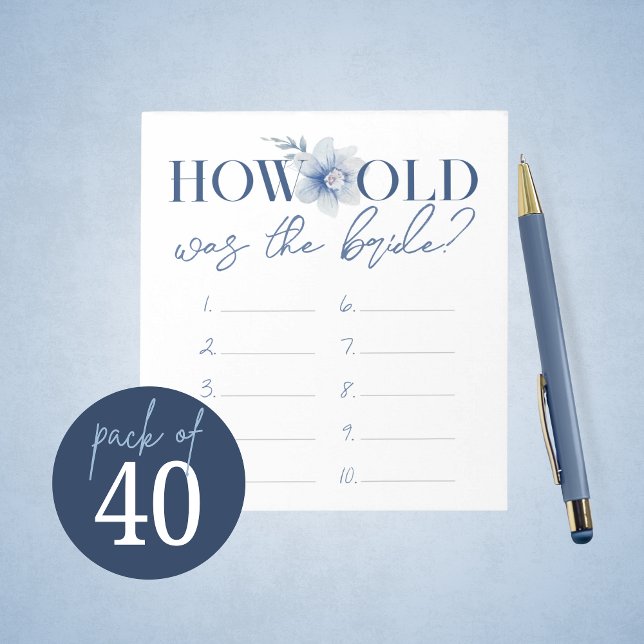 How Old Was The Bride Game Answer Sheet Notepad (Blue Watercolor Floral How Old Was the Bride Bridal Shower Game Answer Sheets - Pack of 40 Games)
