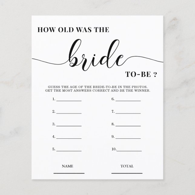 How old was the Bride Simple Bridal Shower Game (Front)